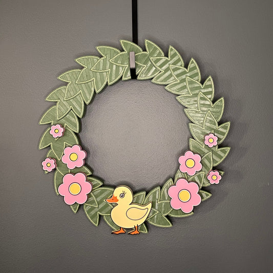 Medium Wreath Pink Flowers and One Yellow Duck Bundle